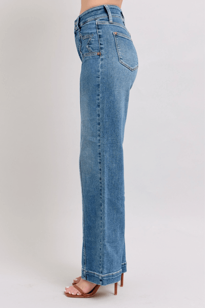 Judy Blue High Waist Double Button Wide Leg Front Star Seam Detail Wide Leg | Sleek Denim Boutique (Pre-order 12/27/24).