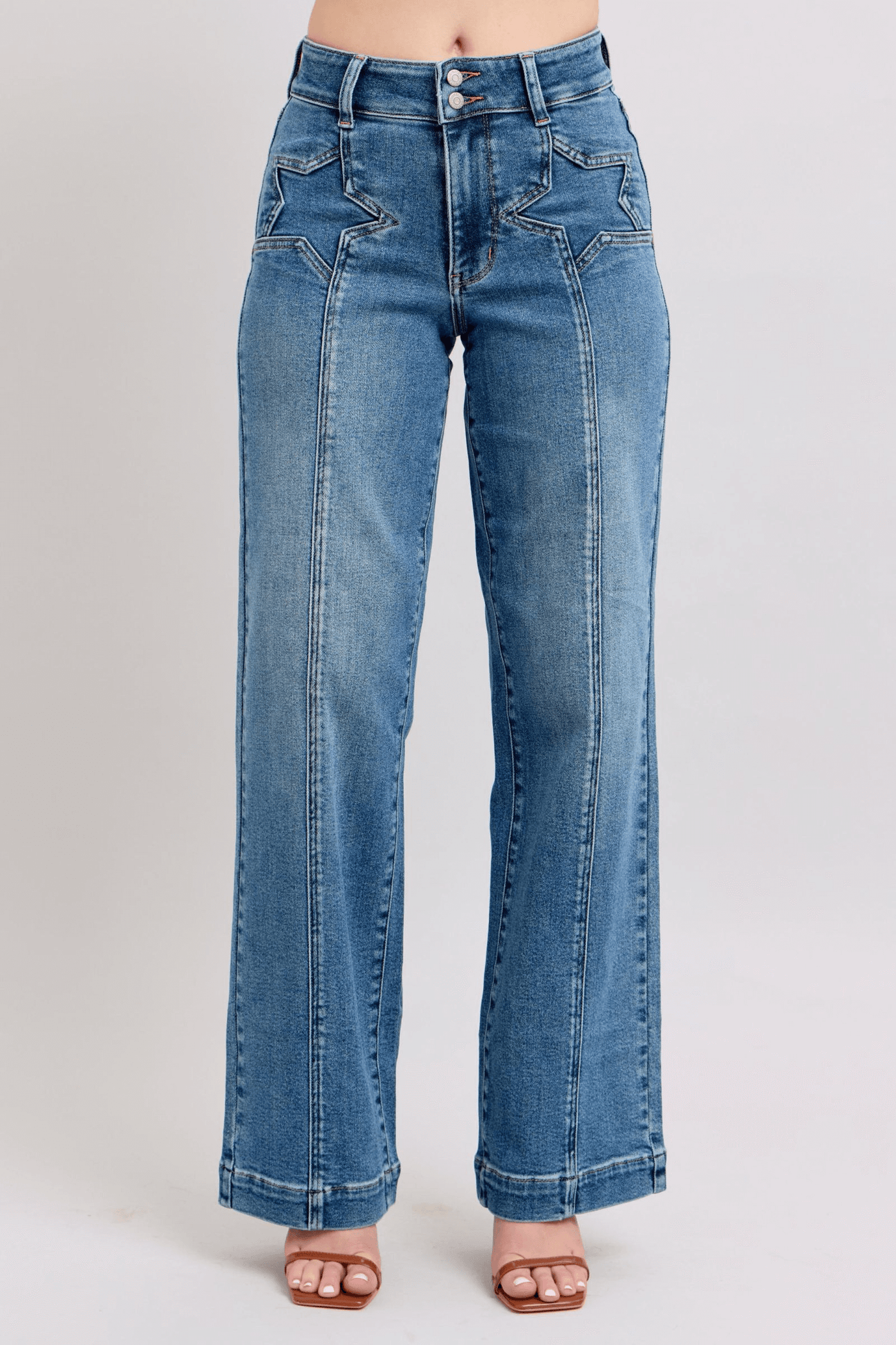 Judy Blue High Waist Double Button Wide Leg Front Star Seam Detail Wide Leg | Sleek Denim Boutique (Pre-order 12/27/24).