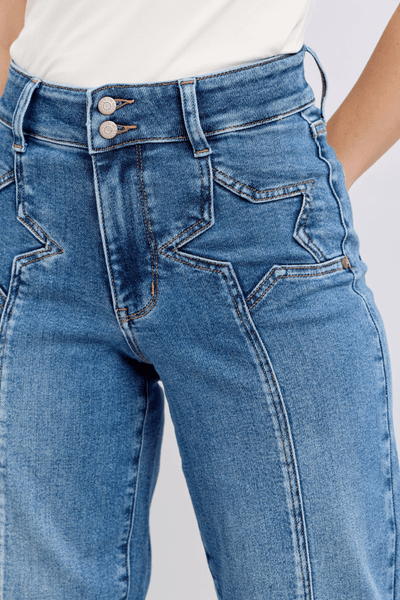 Judy Blue High Waist Double Button Wide Leg Front Star Seam Detail Wide Leg | Sleek Denim Boutique (Pre-order 12/27/24).