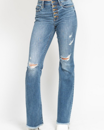 Judy Blue Date Night Dark Wash Button Fly Distressed Trouser Flare Jeans