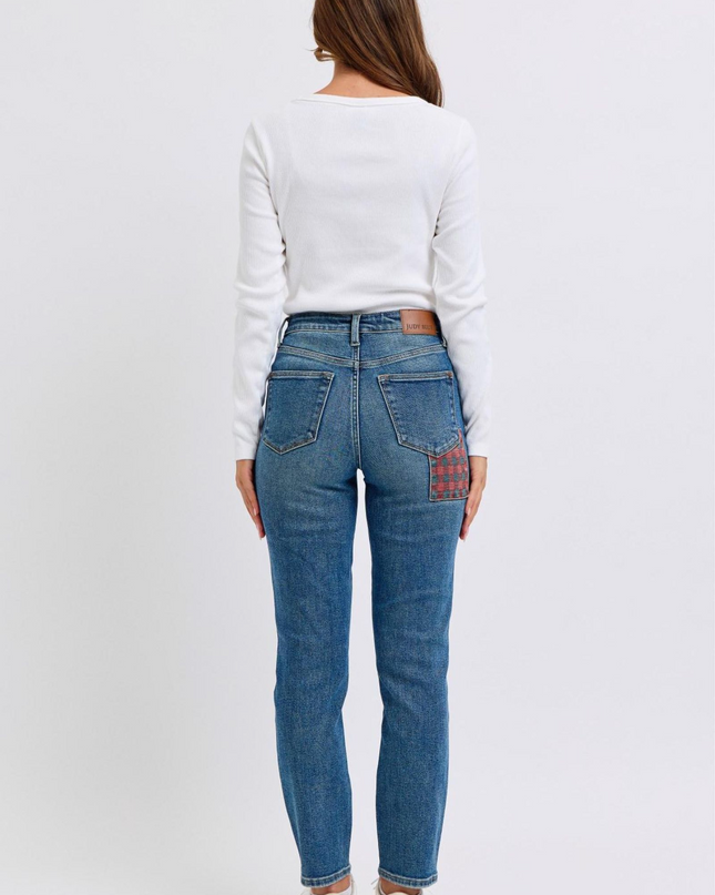 Judy Blue High Waist Plaid Patch Slim Denim Jeans 88868 - Sleekdenim.com