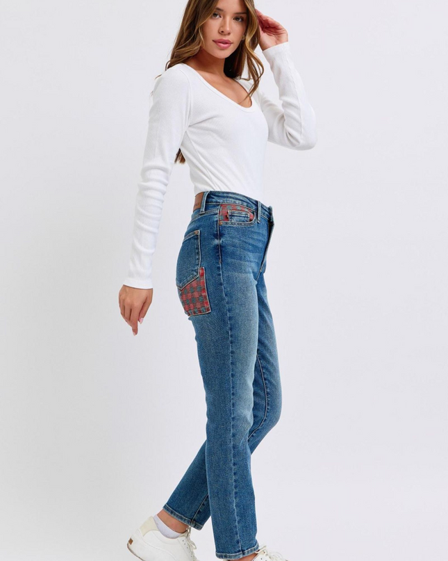 Judy Blue High Waist Plaid Patch Slim Denim Jeans 88868 - Sleekdenim.com