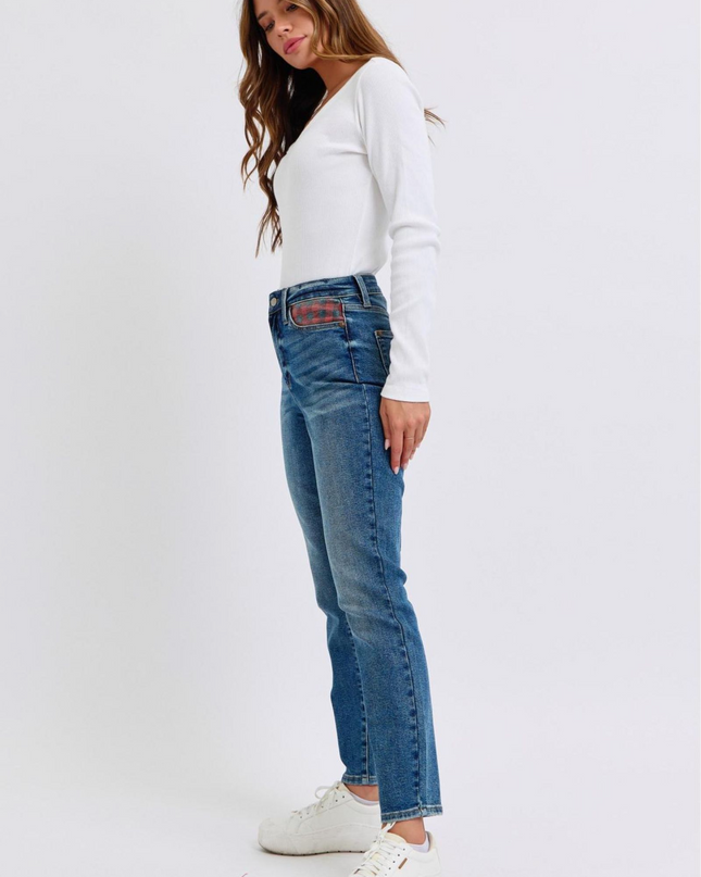 Judy Blue High Waist Plaid Patch Slim Denim Jeans 88868 - Sleekdenim.com