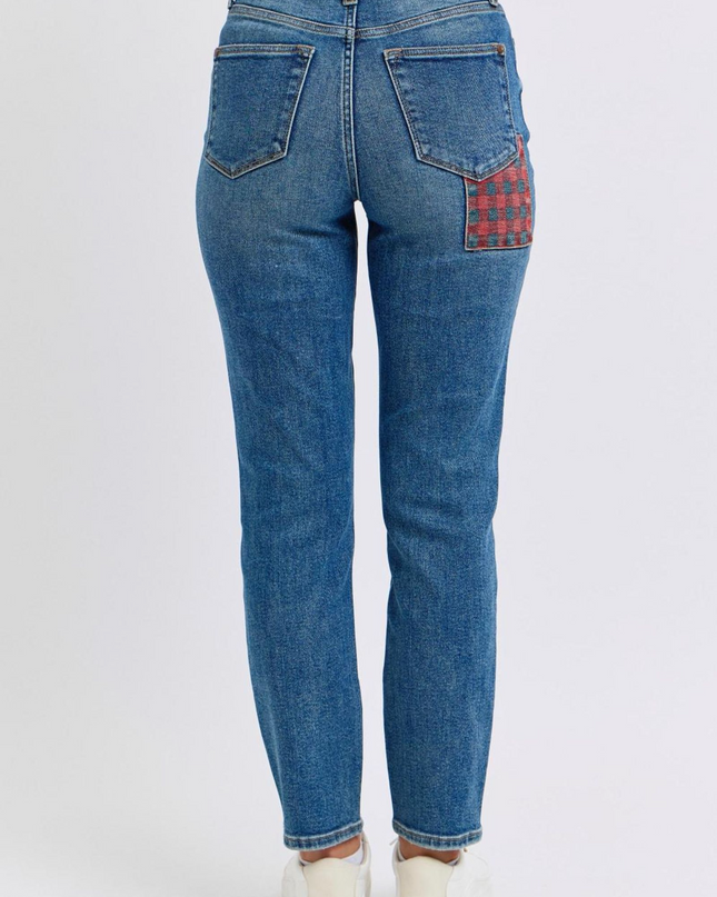 Judy Blue High Waist Plaid Patch Slim Denim Jeans 88868 - Sleekdenim.com