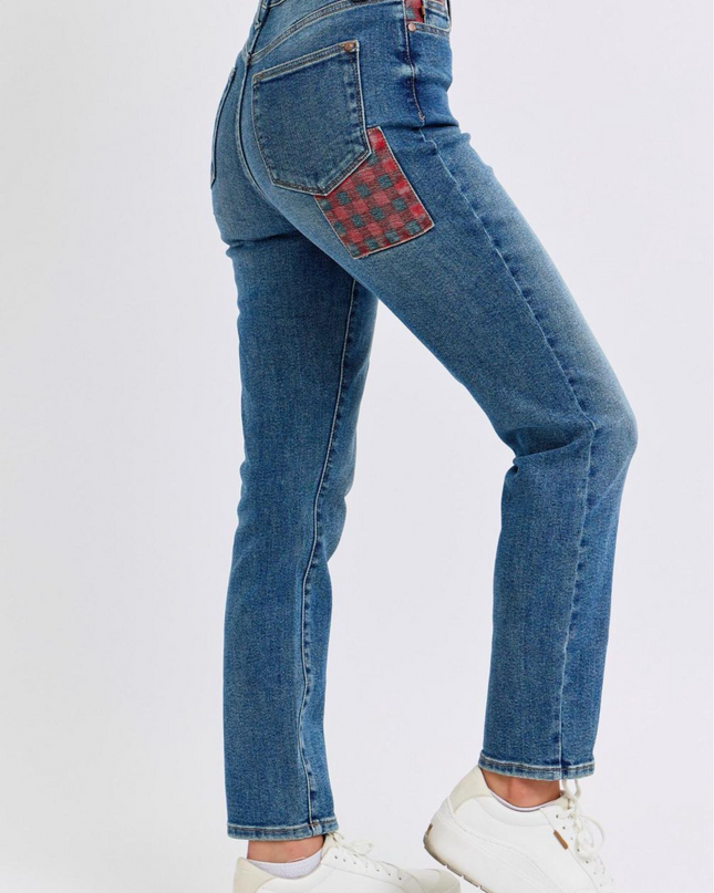 Judy Blue High Waist Plaid Patch Slim Denim Jeans 88868 - Sleekdenim.com