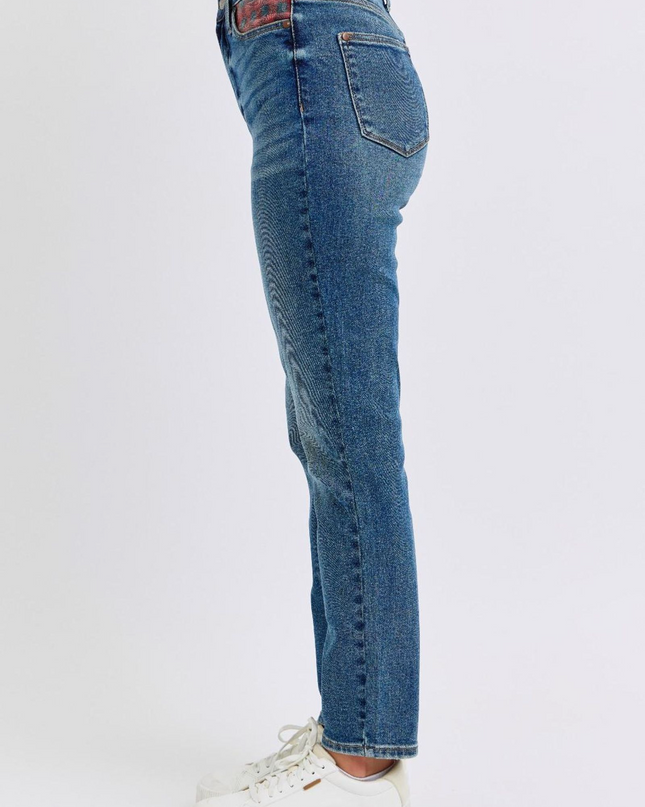 Judy Blue High Waist Plaid Patch Slim Denim Jeans 88868 - Sleekdenim.com