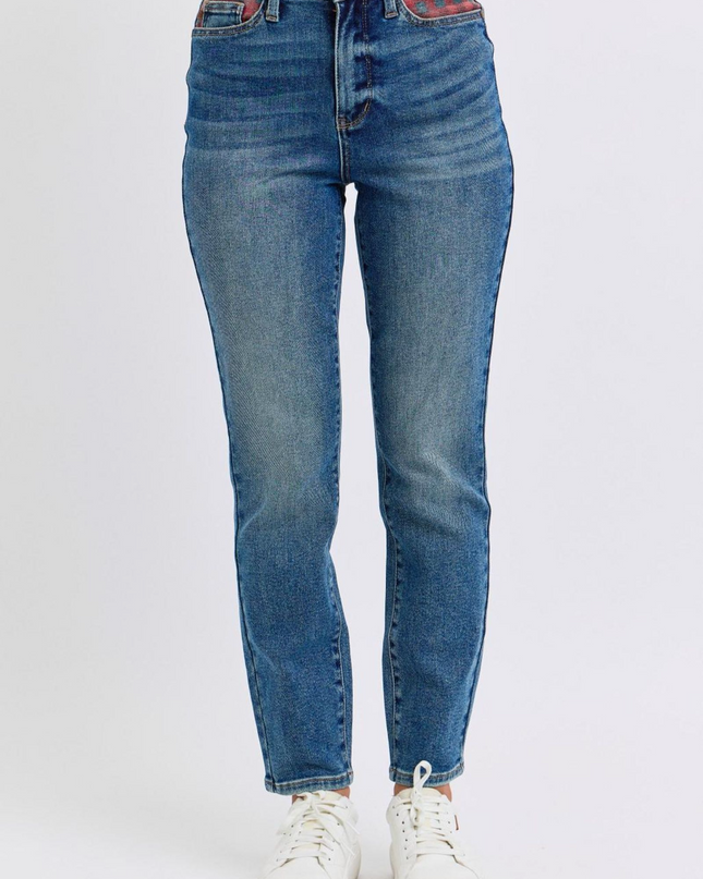 Judy Blue High Waist Plaid Patch Slim Denim Jeans 88868 - Sleekdenim.com