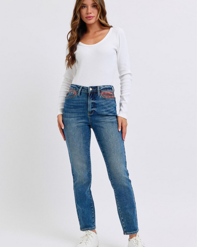Judy Blue High Waist Plaid Patch Slim Denim Jeans 88868 - Sleekdenim.com