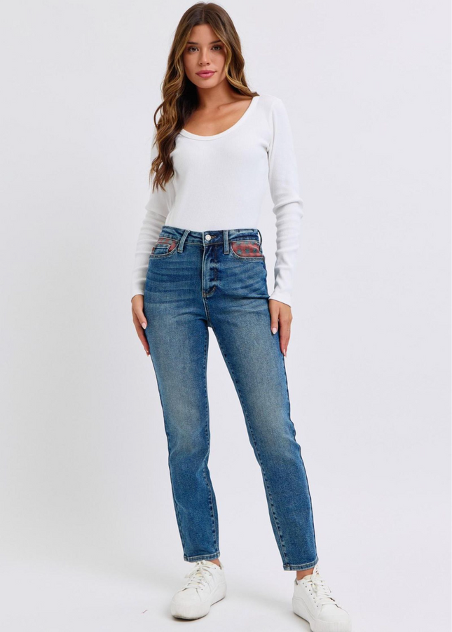 Judy Blue High Waist Plaid Patch Slim Denim Jeans 88868 - Sleekdenim.com