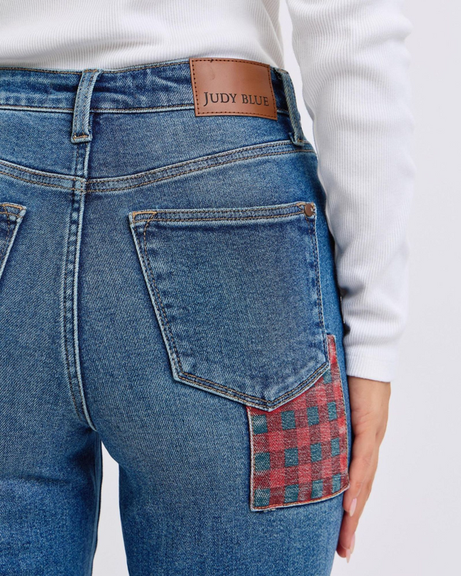Judy Blue High Waist Plaid Patch Slim Denim Jeans 88868 - Sleekdenim.com
