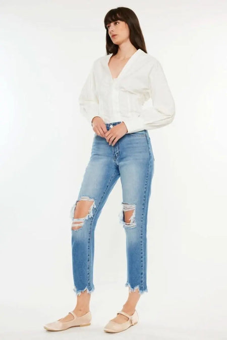 Kancan Distressed Frayed Hem Cropped Jeans - Sleekdenim.com