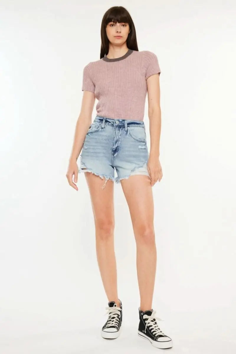 Kancan Distressed High Waist Denim Shorts with Pockets - Sleekdenim.com