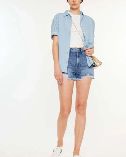 Kancan Distressed Raw Hem High Waist Denim Shorts - Sleekdenim.com