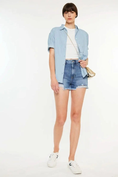 Kancan Distressed Raw Hem High Waist Denim Shorts - Sleekdenim.com