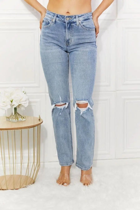 Kancan High Rise Distressed Slim Straight Jeans - Sleekdenim.com