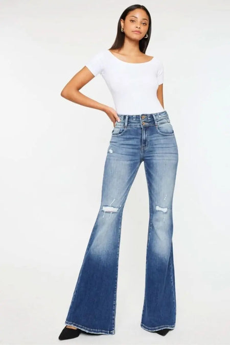 Kancan High Rise Wide Waistband Flare Jeans - Sleekdenim.com