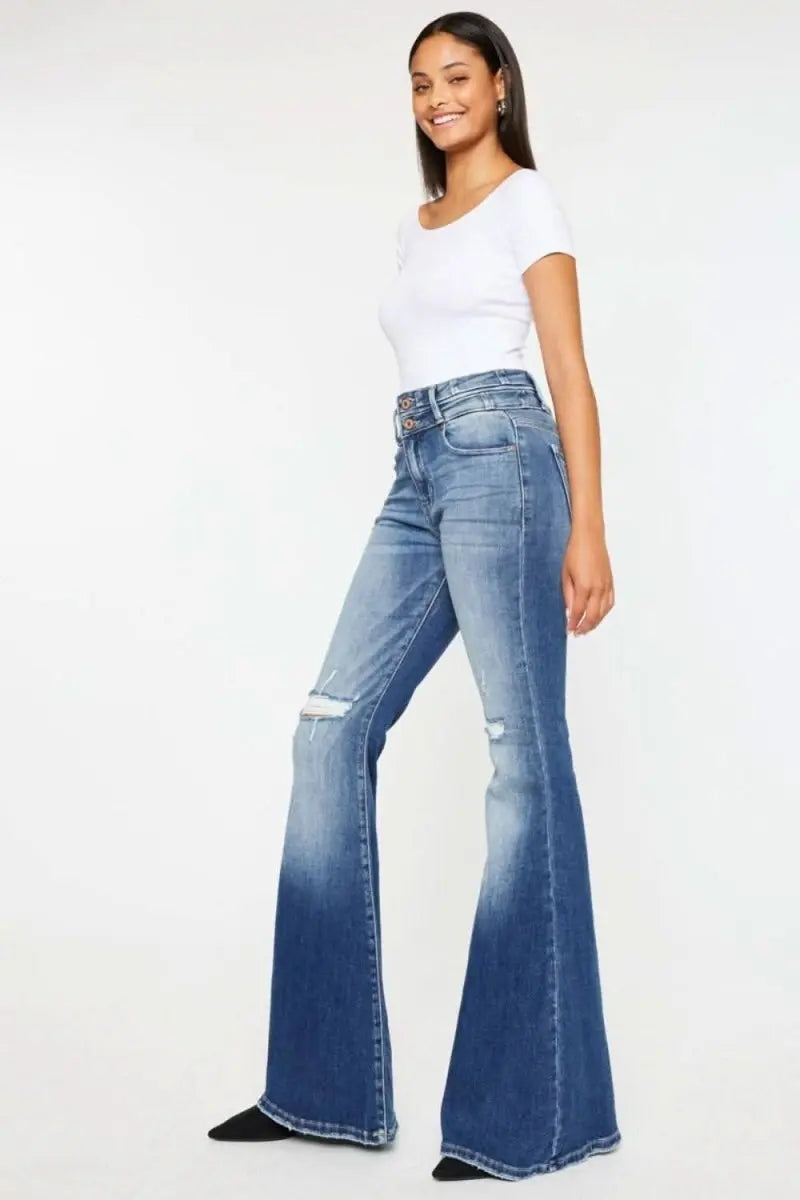 Kancan High Rise Wide Waistband Flare Jeans - Sleekdenim.com