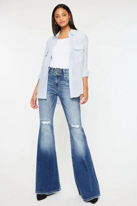 Kancan High Rise Wide Waistband Flare Jeans - Sleekdenim.com