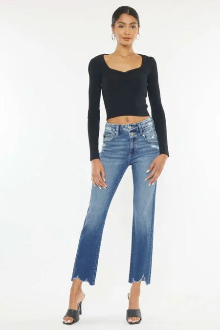 Kancan High Rise Wide Waistband Slim Straight Jeans - Sleekdenim.com