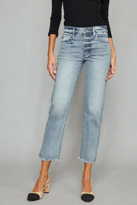 Kancan High Waist Button Fly Raw Hem Cropped Straight Jeans - Sleekdenim.com