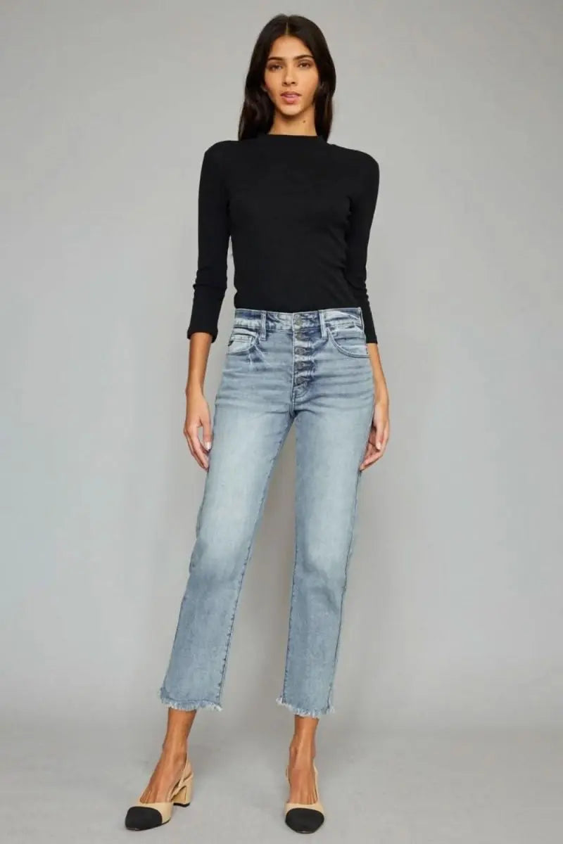 Kancan High Waist Button Fly Raw Hem Cropped Straight Jeans - Sleekdenim.com