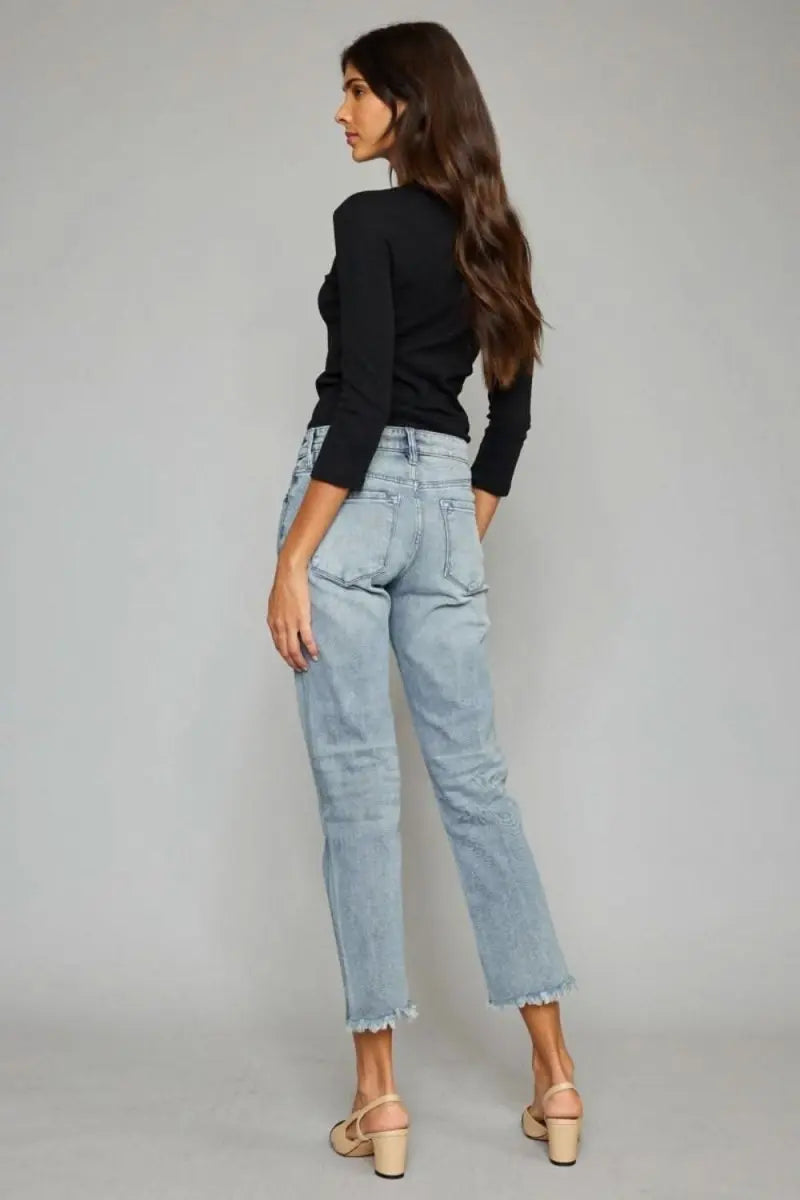 Kancan High Waist Button Fly Raw Hem Cropped Straight Jeans - Sleekdenim.com