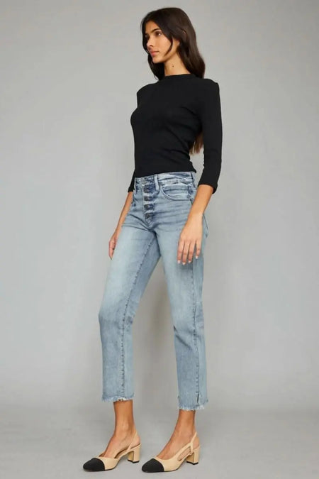 Kancan High Waist Button Fly Raw Hem Cropped Straight Jeans - Sleekdenim.com