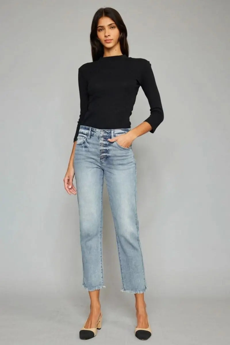 Kancan High Waist Button Fly Raw Hem Cropped Straight Jeans - Sleekdenim.com