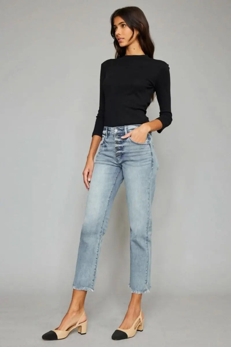 Kancan High Waist Button Fly Raw Hem Cropped Straight Jeans - Sleekdenim.com