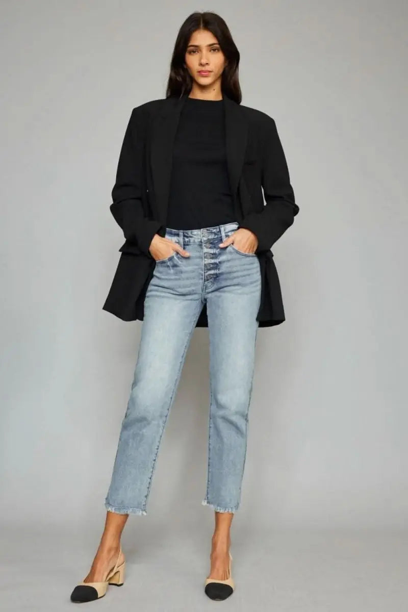 Kancan High Waist Button Fly Raw Hem Cropped Straight Jeans - Sleekdenim.com