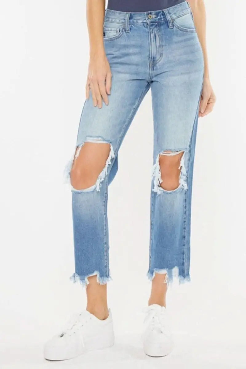 Kancan High Waist Chewed Up Straight Mom Jeans - Sleekdenim.com