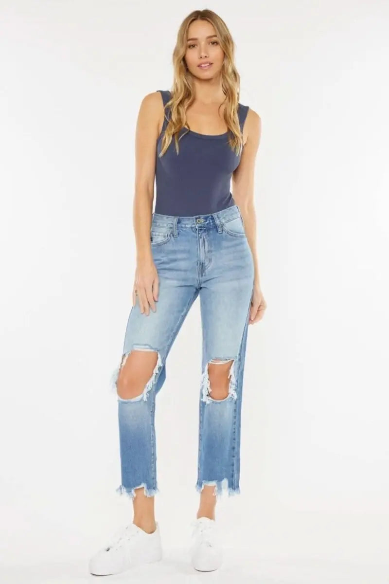 Kancan High Waist Chewed Up Straight Mom Jeans - Sleekdenim.com