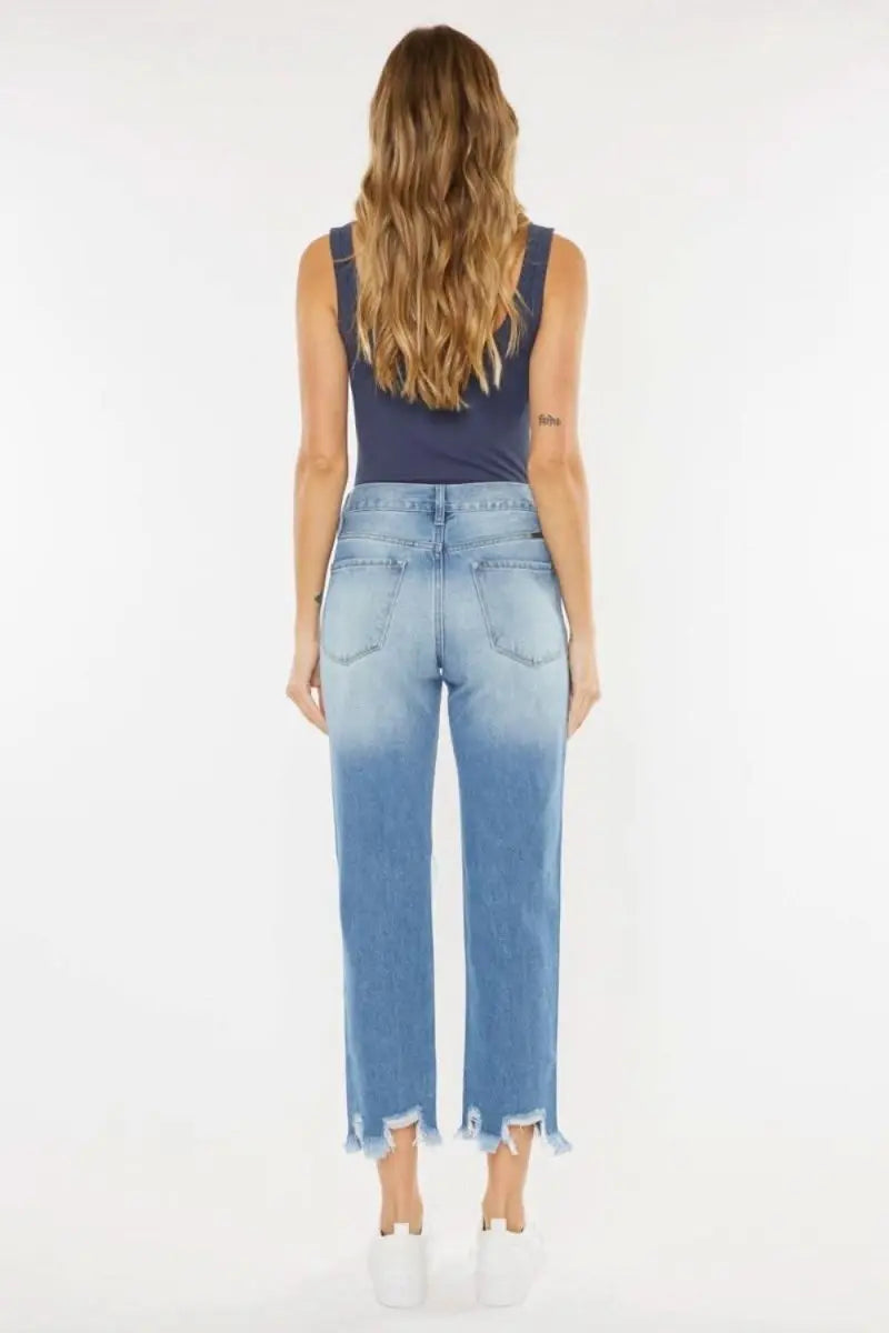 Kancan High Waist Chewed Up Straight Mom Jeans - Sleekdenim.com