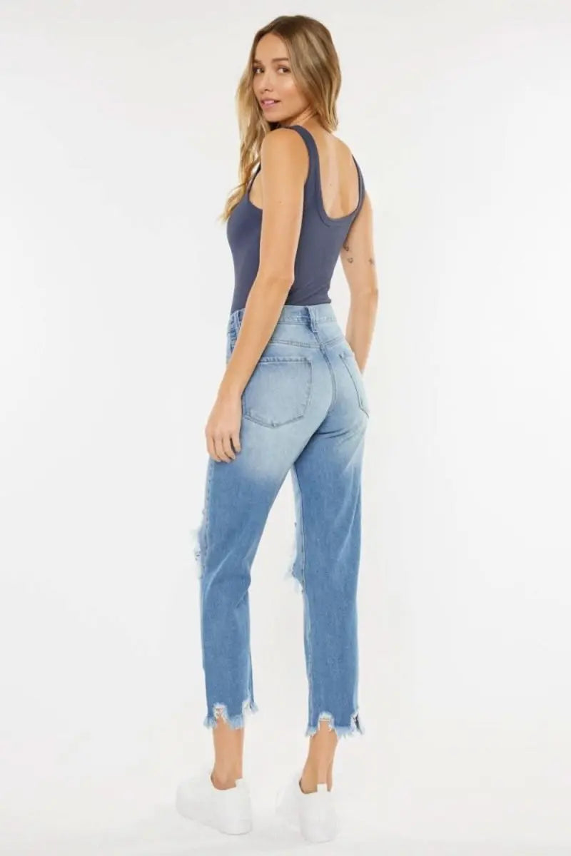 Kancan High Waist Chewed Up Straight Mom Jeans - Sleekdenim.com