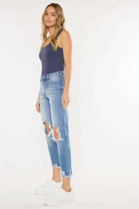 Kancan High Waist Chewed Up Straight Mom Jeans - Sleekdenim.com