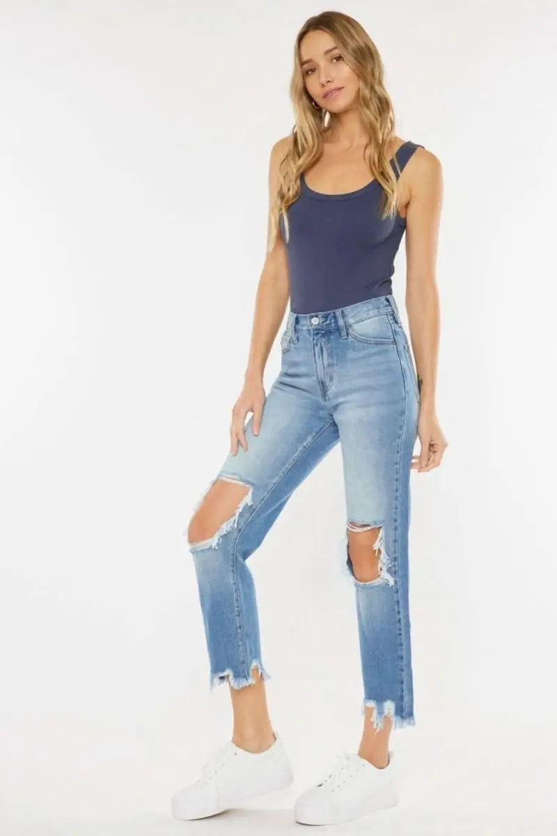 Kancan High Waist Chewed Up Straight Mom Jeans - Sleekdenim.com