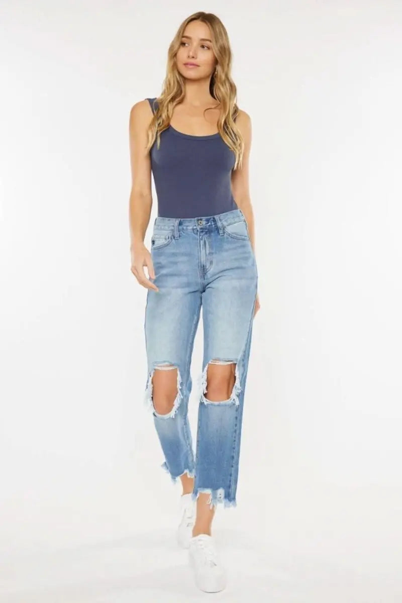 Kancan High Waist Chewed Up Straight Mom Jeans - Sleekdenim.com