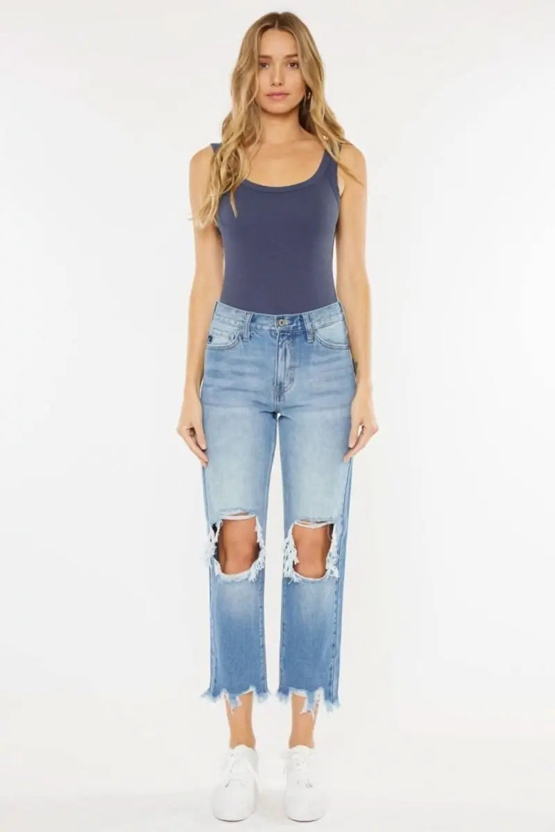 Kancan High Waist Chewed Up Straight Mom Jeans - Sleekdenim.com