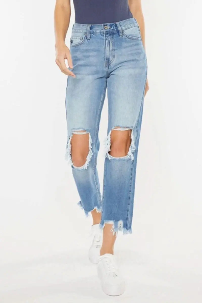 Kancan High Waist Chewed Up Straight Mom Jeans - Sleekdenim.com