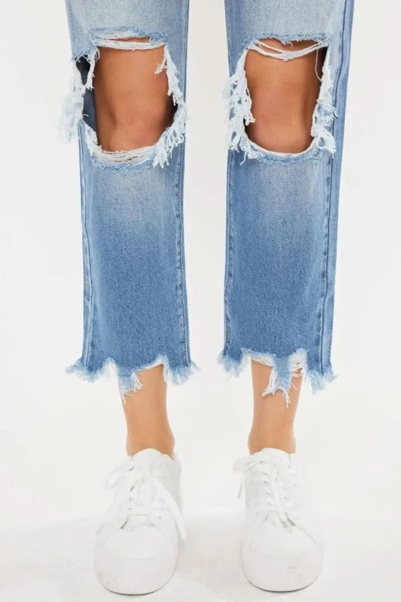 Kancan High Waist Chewed Up Straight Mom Jeans - Sleekdenim.com