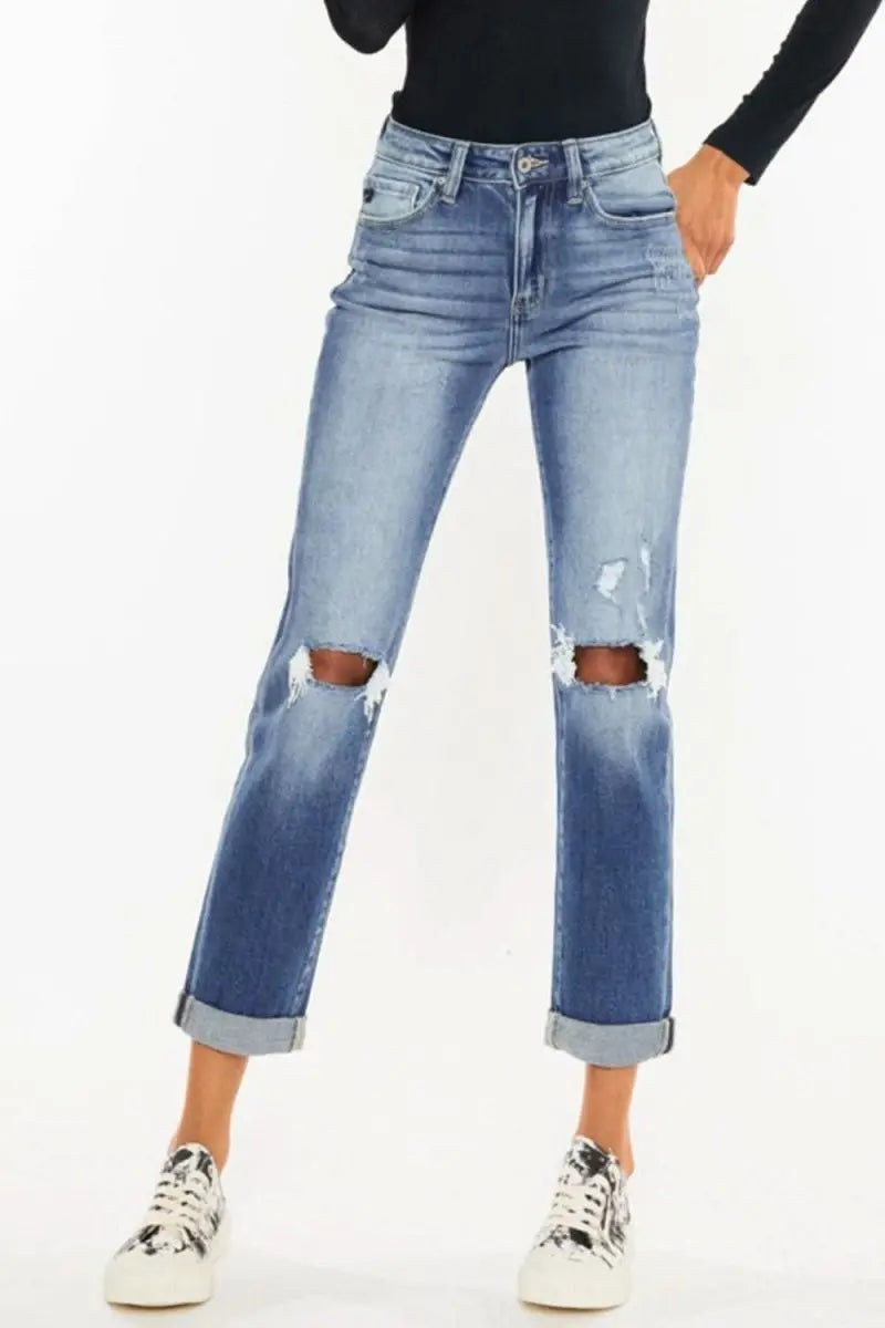 Kancan High Waist Distressed Hem Detail Cropped Straight Jeans - Sleekdenim.com