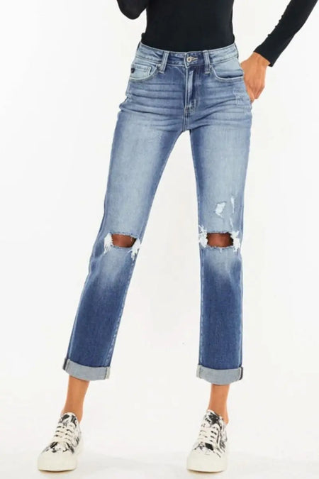 Kancan High Waist Distressed Hem Detail Cropped Straight Jeans - Sleekdenim.com