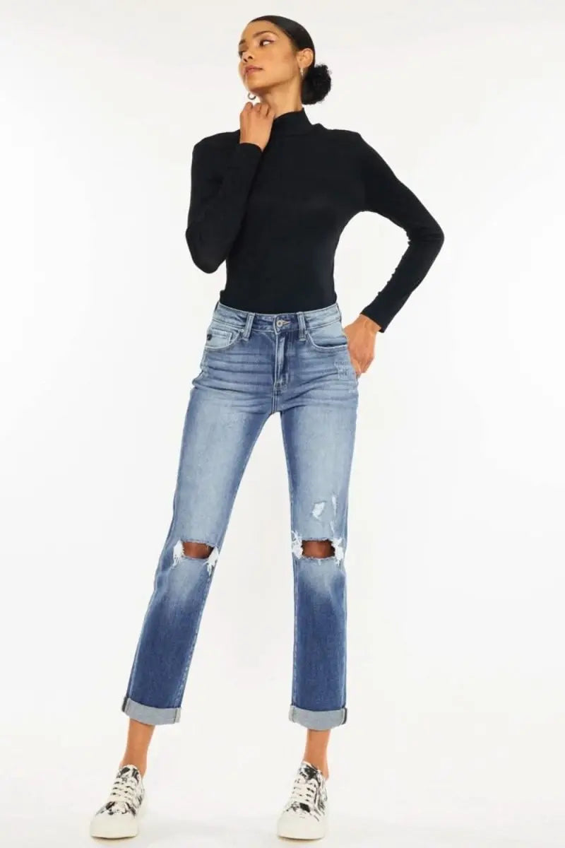 Kancan High Waist Distressed Hem Detail Cropped Straight Jeans - Sleekdenim.com