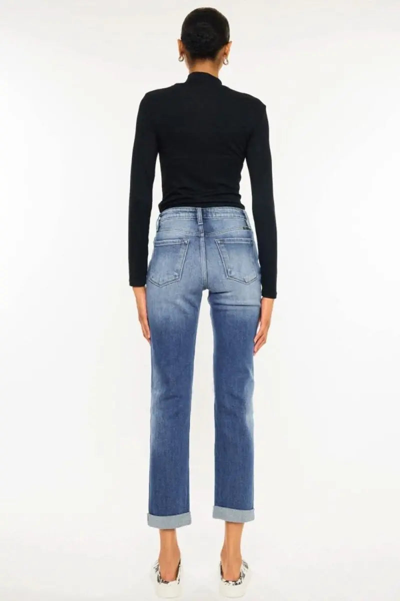 Kancan High Waist Distressed Hem Detail Cropped Straight Jeans - Sleekdenim.com