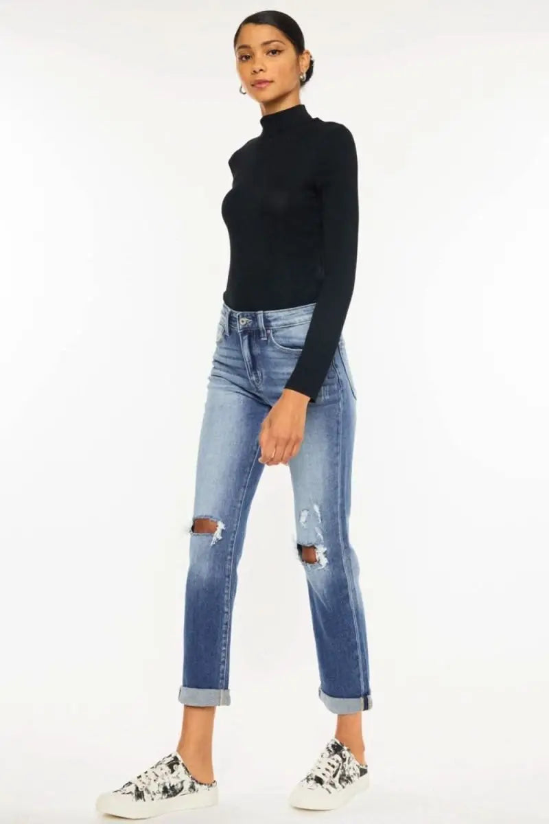 Kancan High Waist Distressed Hem Detail Cropped Straight Jeans - Sleekdenim.com