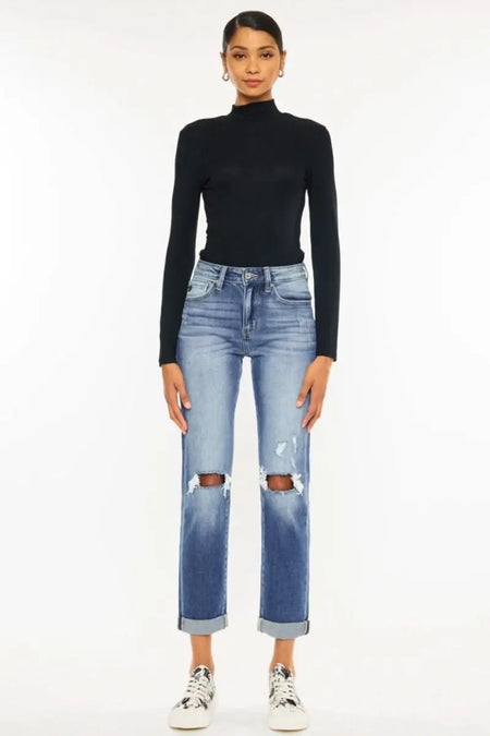 Kancan High Waist Distressed Hem Detail Cropped Straight Jeans - Sleekdenim.com