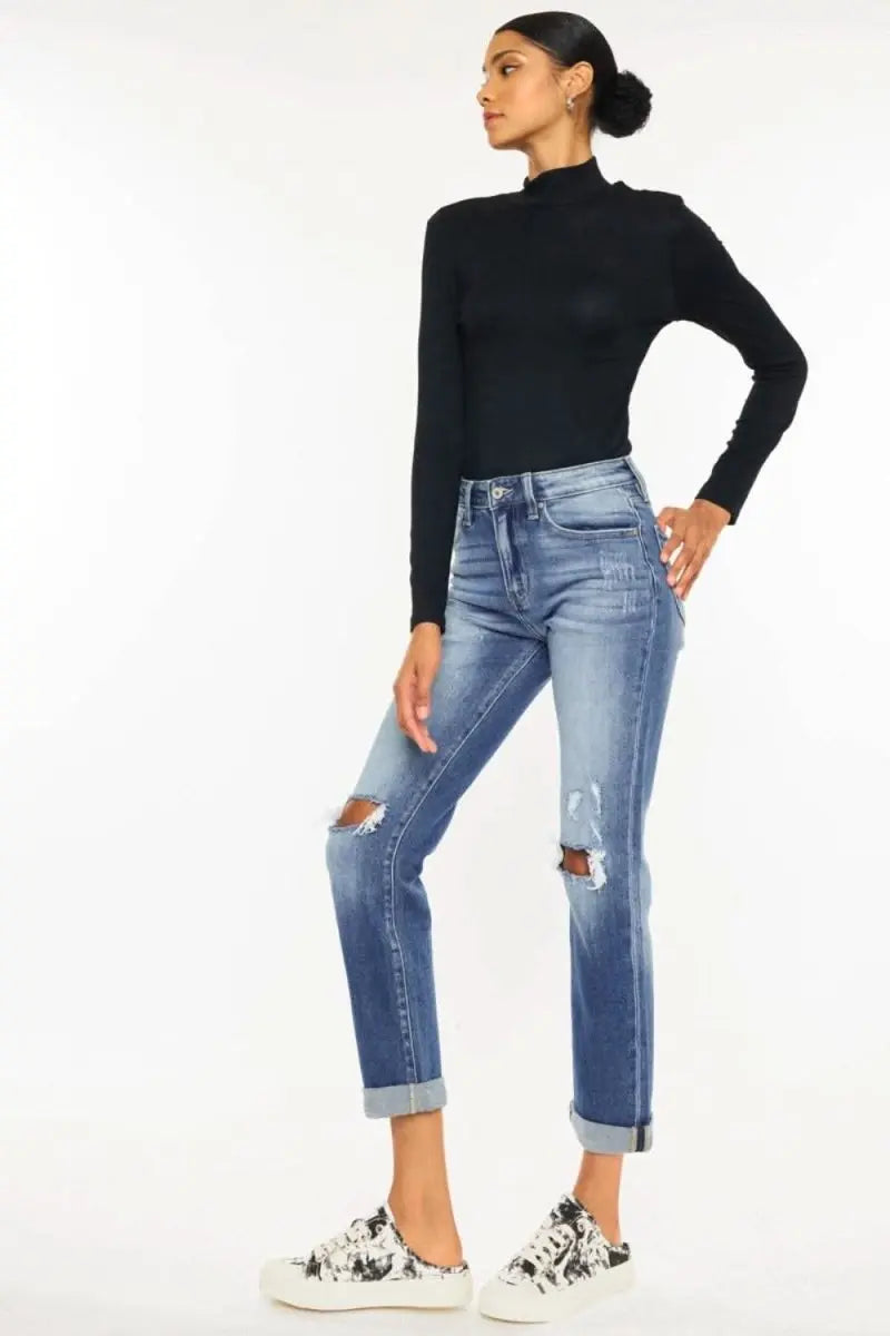 Kancan High Waist Distressed Hem Detail Cropped Straight Jeans - Sleekdenim.com