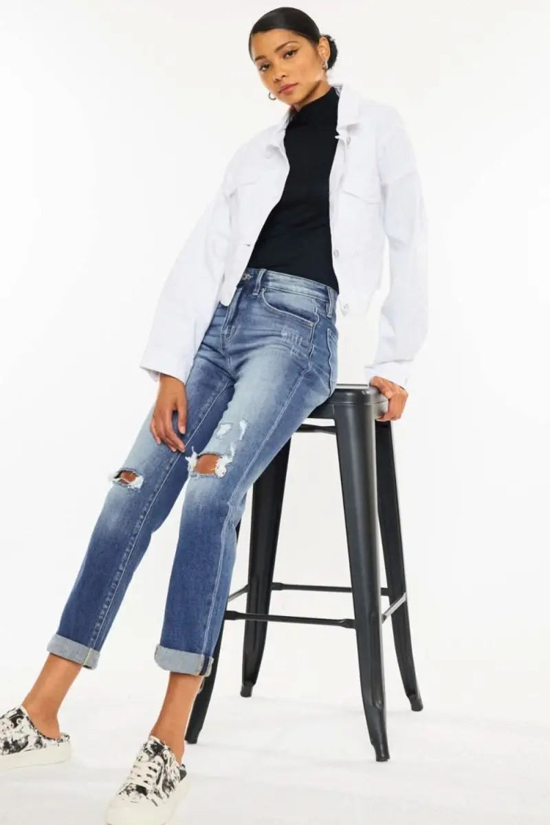 Kancan High Waist Distressed Hem Detail Cropped Straight Jeans - Sleekdenim.com