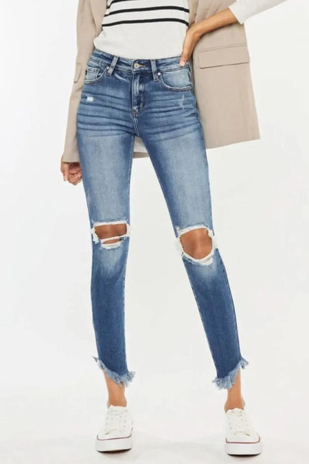 Kancan High Waist Distressed Raw Hem Ankle Skinny Jeans - Sleekdenim.com