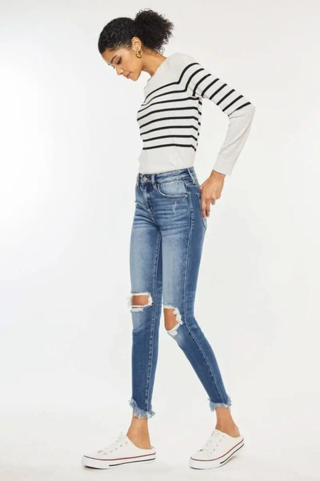 Kancan High Waist Distressed Raw Hem Ankle Skinny Jeans - Sleekdenim.com